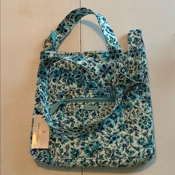 Vera Bradley Aqua Floral Quilted Tote Zip Top Hipster NWT Cloud Vine - Picture 2 of 6